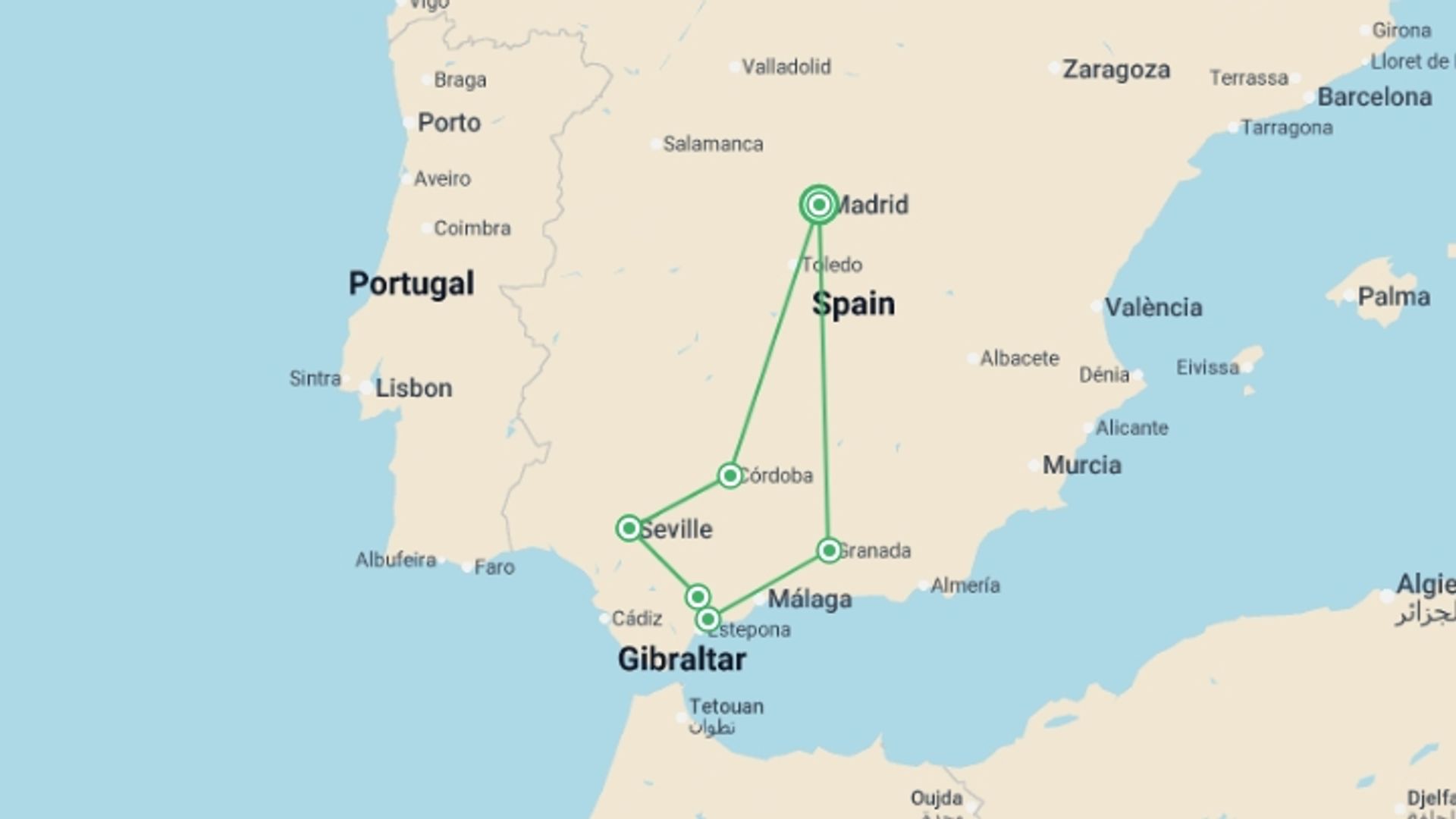 A map showing the tour itinerary for the trip: Madrid to Costa del Sol Express - 5 days, starting in Madrid, Spain and ending in Madrid, Spain going through 3 other destinations.