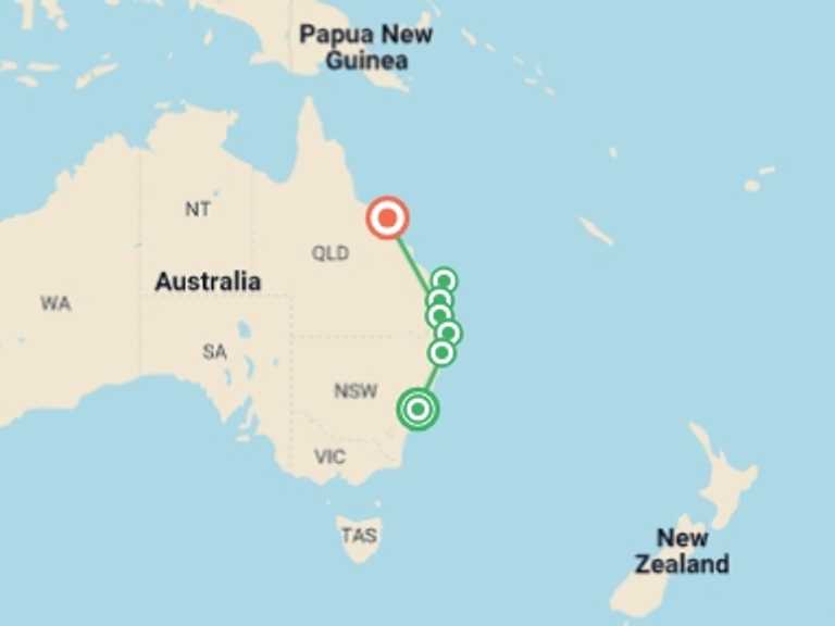 Map of Sydney and NSW Explorer Tour with 8 destination visits for the trip: Epic East Coast