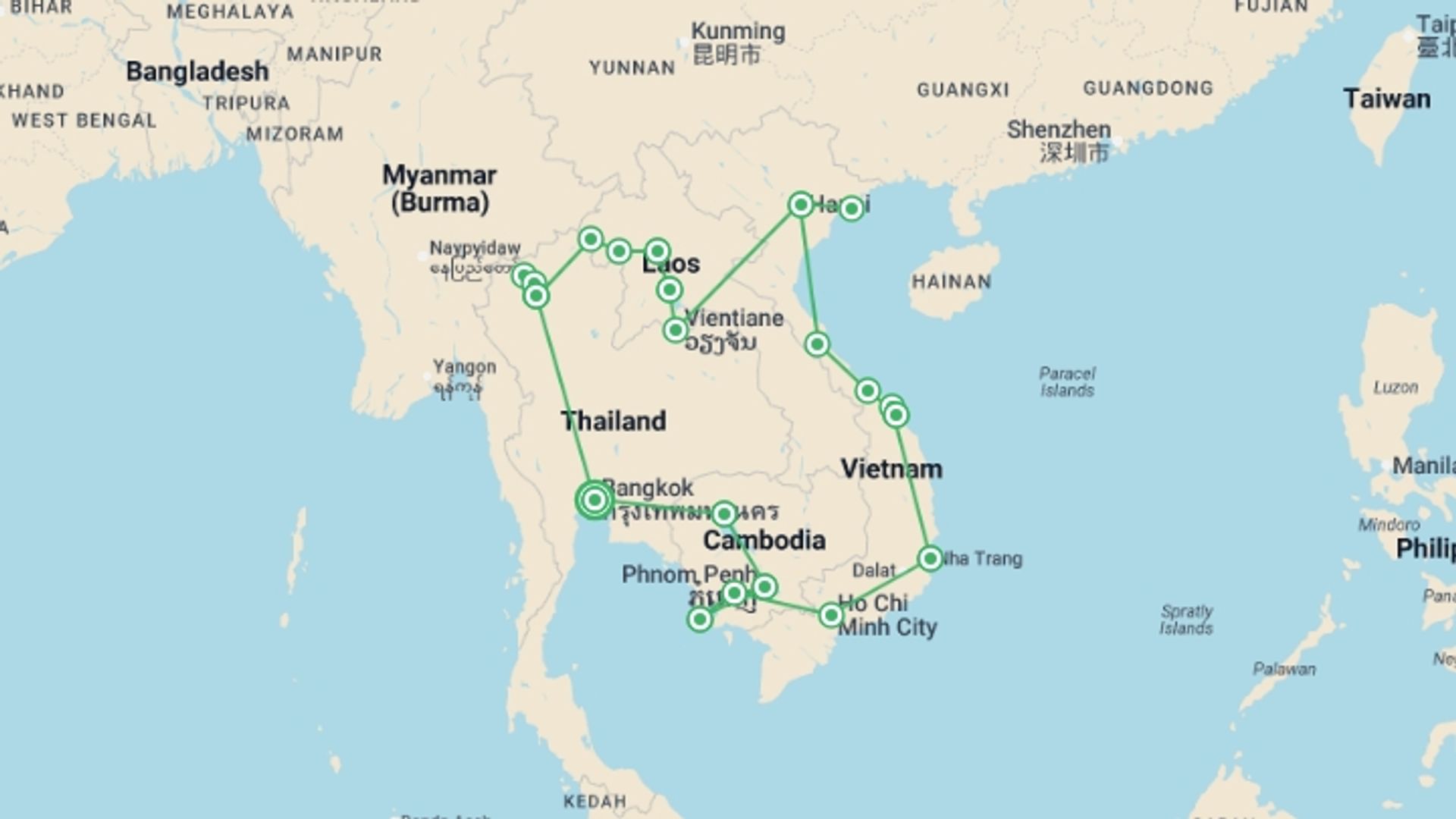 A map showing the tour itinerary for the trip: Southeast Asia: Northern Hilltribe Trekking & Beach Vibes, starting in Bangkok, Thailand and ending in Bangkok, Thailand going through 20 other destinations.