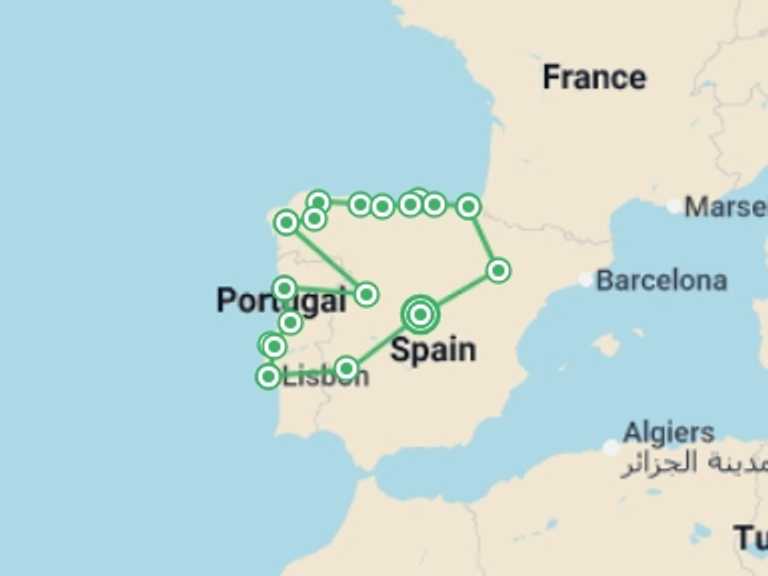 Map itinerary of Portugal Tour in May 2026 with 9 destination visits for the trip: Iberian North Discovery (Superior) - 16 days 