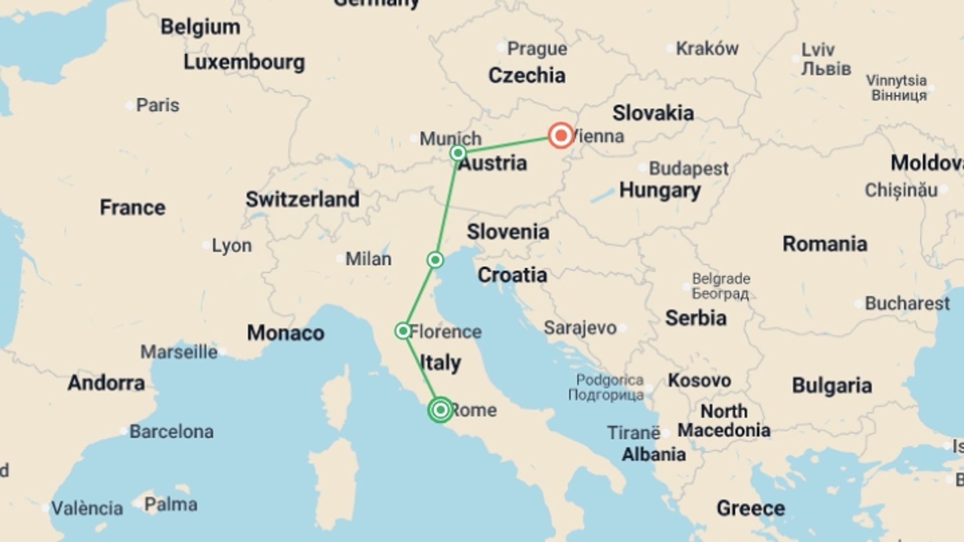 A map showing the tour itinerary for the trip: Classical Symphony GO, starting in Rome, Italy and ending in Vienna, Austria going through 3 other destinations.