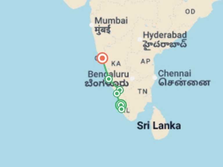 Map itinerary of India Tour in Winter with 7 destination visits for the trip: Upgraded - South India: Kerala to Goa