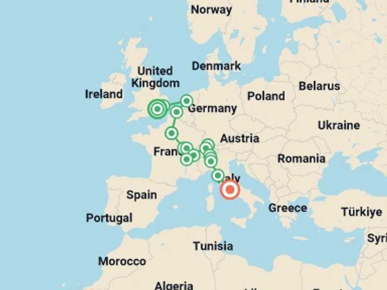 Map of 15-Day Europe Tour with 8 destination visits for the trip: Trekking Through the Continent with Rome