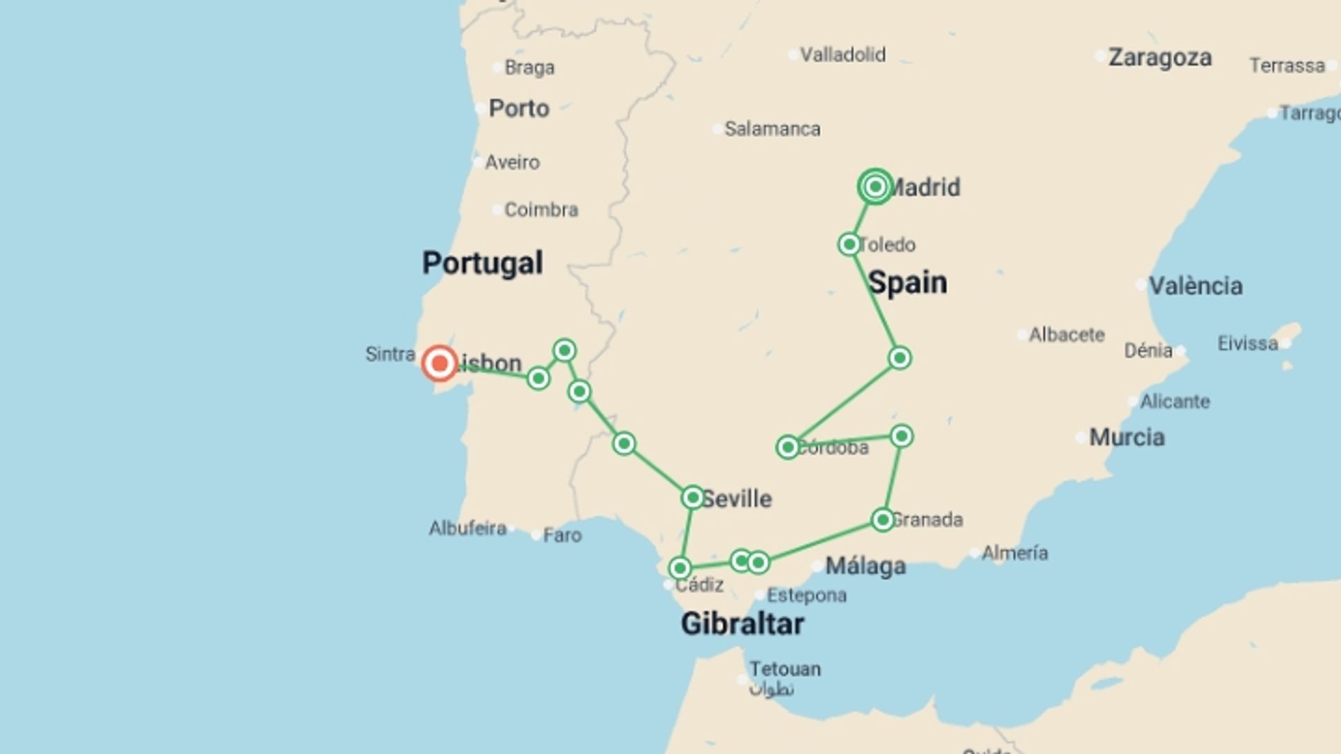A map showing the tour itinerary for the trip: Iberian Inspiration, starting in Madrid, Spain and ending in Lisbon, Portugal going through 7 other destinations.