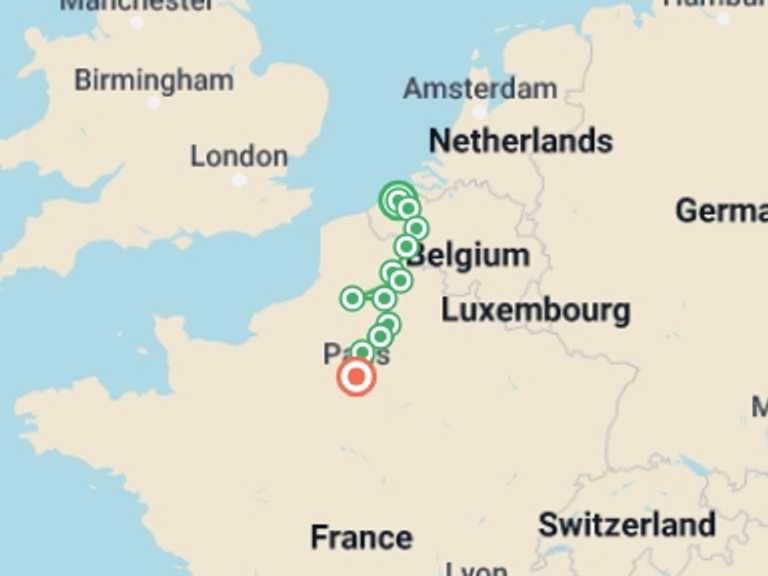 Map itinerary of Paris Tour in October 2026 with 2 destination visits for the trip: Paris to Bruges Bike and Barge