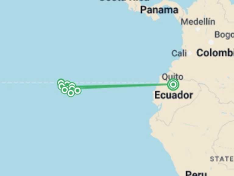 Map itinerary of Quito Tour in January 2027 with 8 destination visits for the trip: Galápagos – West and Central Islands aboard the Reina Silvia Voyager
