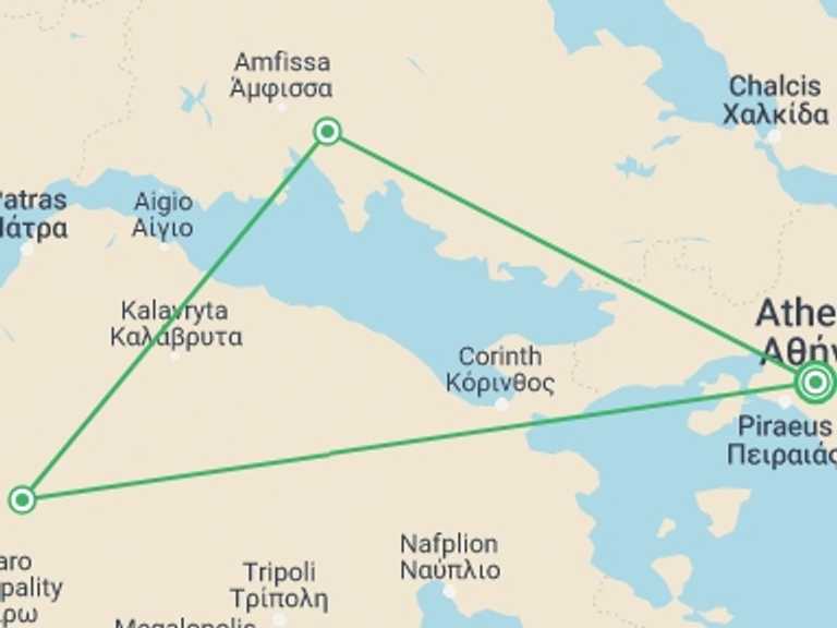 Map itinerary of Athens Tour in September 2026 with 3 destination visits for the trip: 3 Days Classical Tour Epidavros, Mycenae, Olympia, Delphi