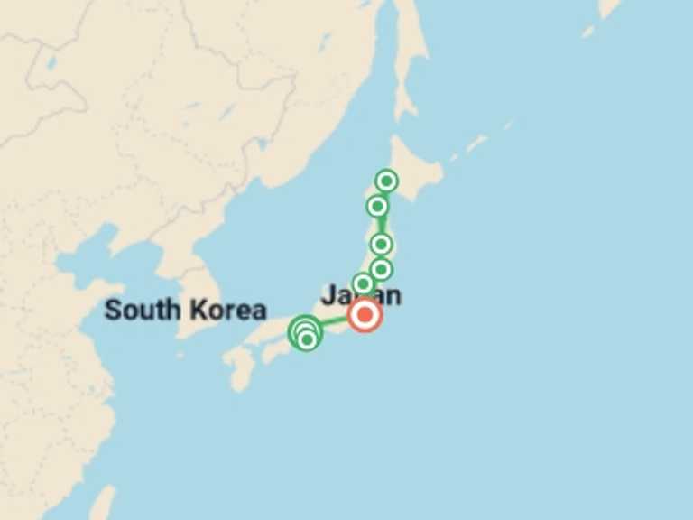 Map of 13-Day Osaka Tour with 9 destination visits for the trip: Traditional Japan and north of Japan