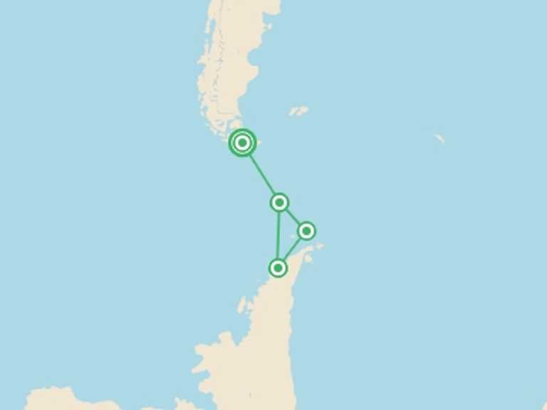 Map itinerary of South America Tour in January 2026 with 4 destination visits for the trip: Classic Antarctica - M/V Ushuaia