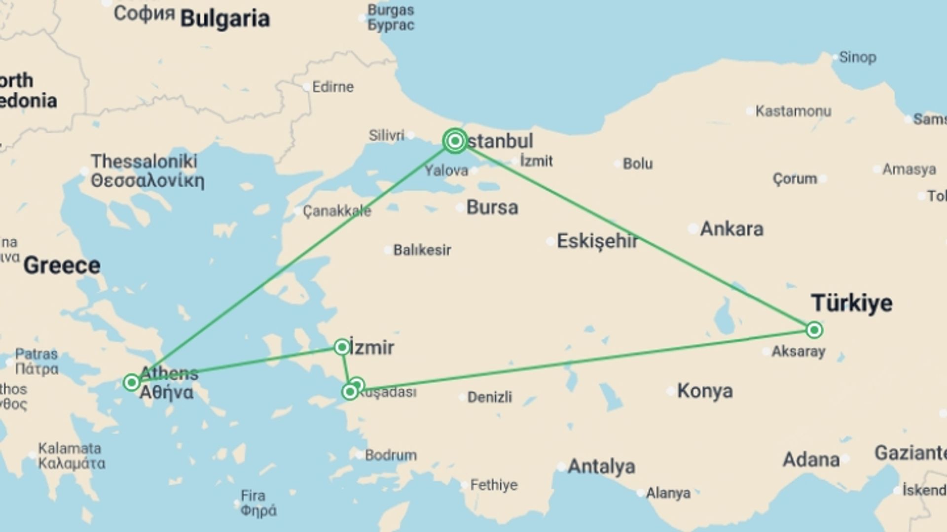 A map showing the tour itinerary for the trip: Flavours Of Turkey And Greece -ii-, starting in Istanbul, Turkey and ending in Istanbul, Turkey going through 3 other destinations.