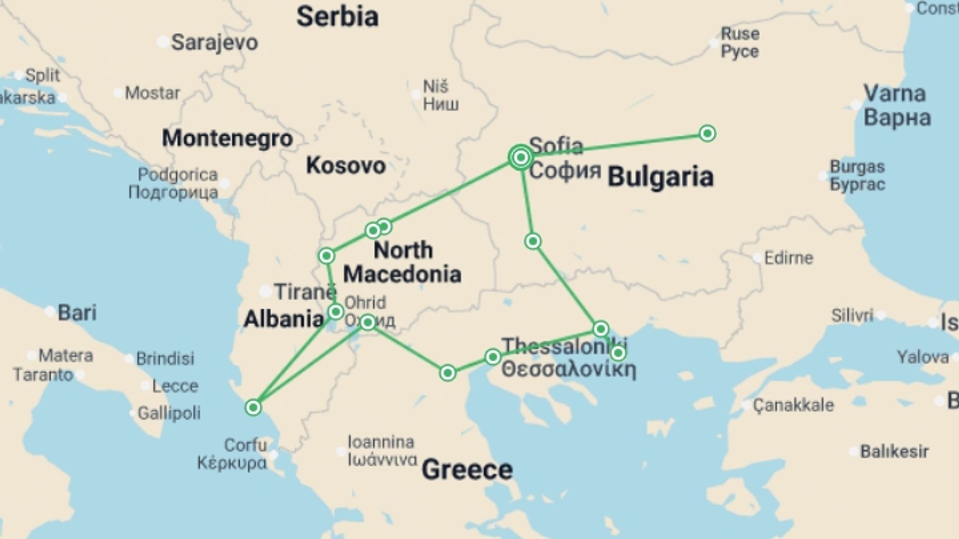 A map showing the tour itinerary for the trip: Ancient Macedonia, starting in Sofia, Bulgaria and ending in Sofia, Bulgaria going through 12 other destinations.
