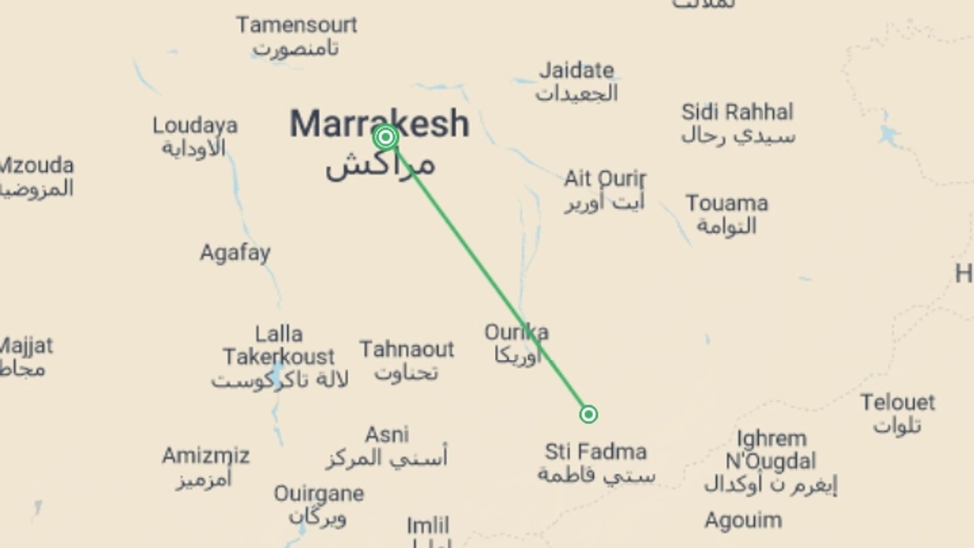 A map showing the tour itinerary for the trip: Local Living Morocco–Atlas Mountains, starting in Marrakech, Morocco and ending in Marrakech, Morocco going through 1 other destinations.