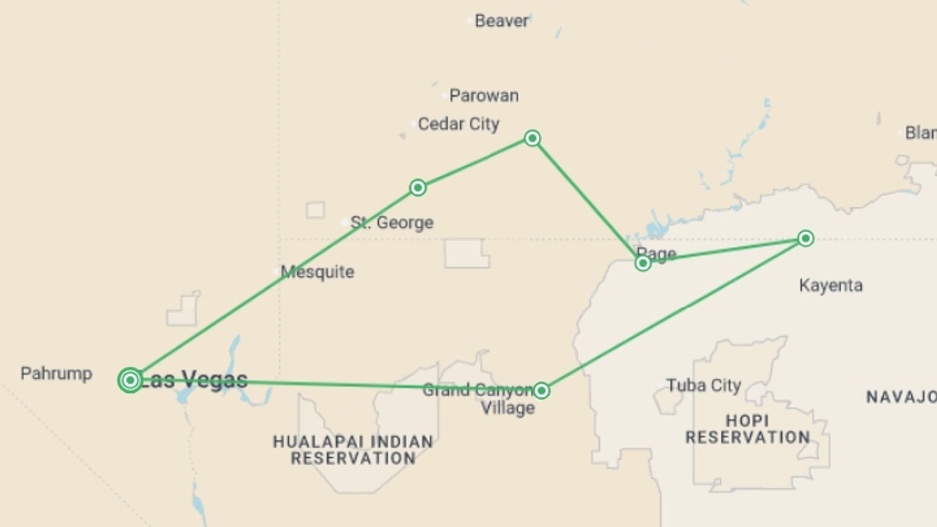 A map showing the tour itinerary for the trip: Best of Utah & Arizona National Parks, starting in Las Vegas, USA and ending in Las Vegas, USA going through 4 other destinations.