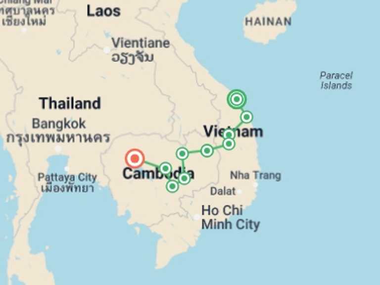 Map of 14-Day Hoi An Tour with 11 destination visits for the trip: Cultural Road from Hoi An to Angkor Wat
