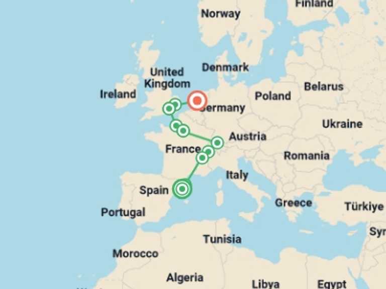 Map of Europe Tour with 10 destination visits for the trip: Green Panorama