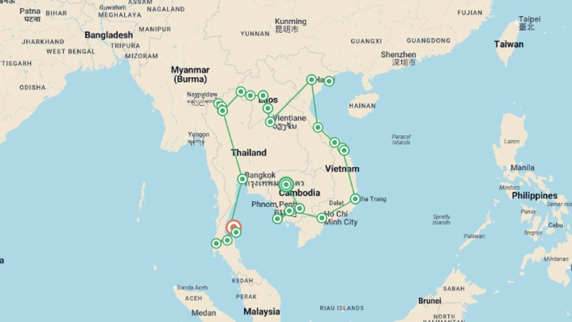 A map showing the tour itinerary for the trip: Total Southeast Asia: Tasty Street Eats & Chill Island Vibes, starting in Siem Reap, Cambodia and ending in Koh Tao, Thailand going through 23 other destinations.