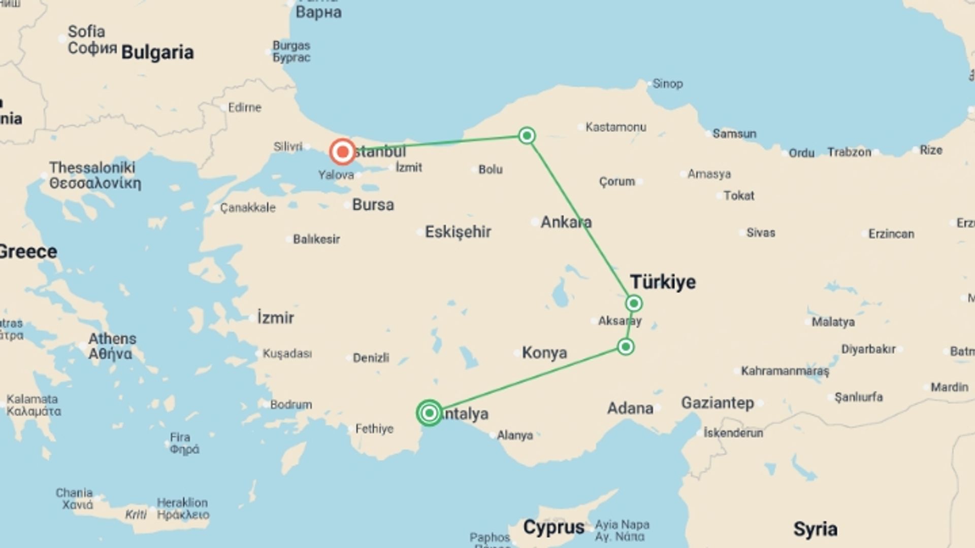 A map showing the tour itinerary for the trip: Turkish Secrets, starting in Antalya, Turkey and ending in Istanbul, Turkey going through 3 other destinations.