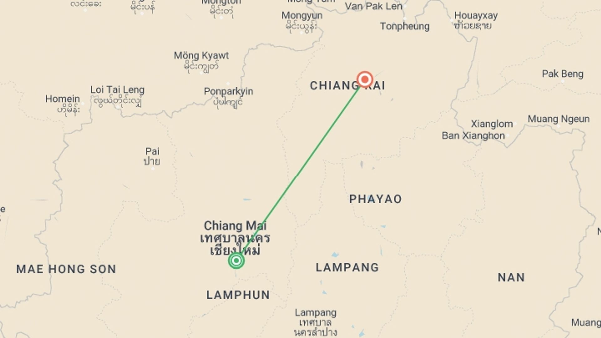 A map showing the tour itinerary for the trip: Chiang Mai To Chiang Rai, Private Tour, starting in Chiang Mai, Thailand and ending in Chiang Rai, Thailand going through 0 other destinations.