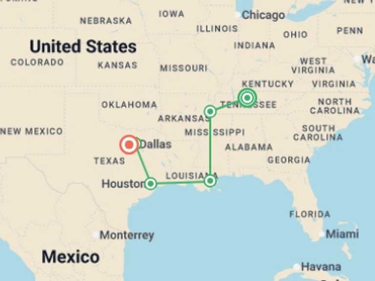 Map itinerary of USA Tour in December 2026 with 6 destination visits for the trip: USA: Nashville to Dallas Road Trip
