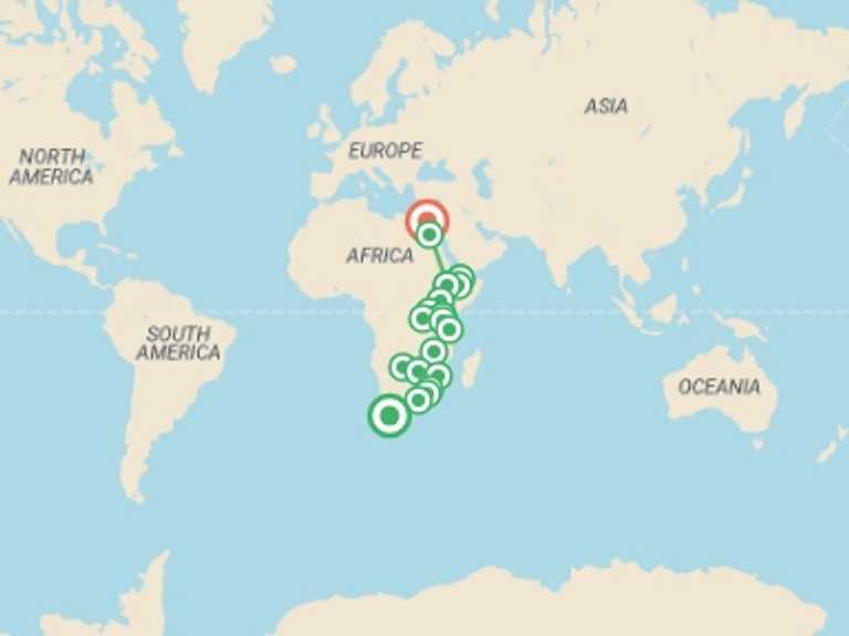 Map of a Overland Journeys Tour with 21 destination visits for the trip: Cape Town To Cairo