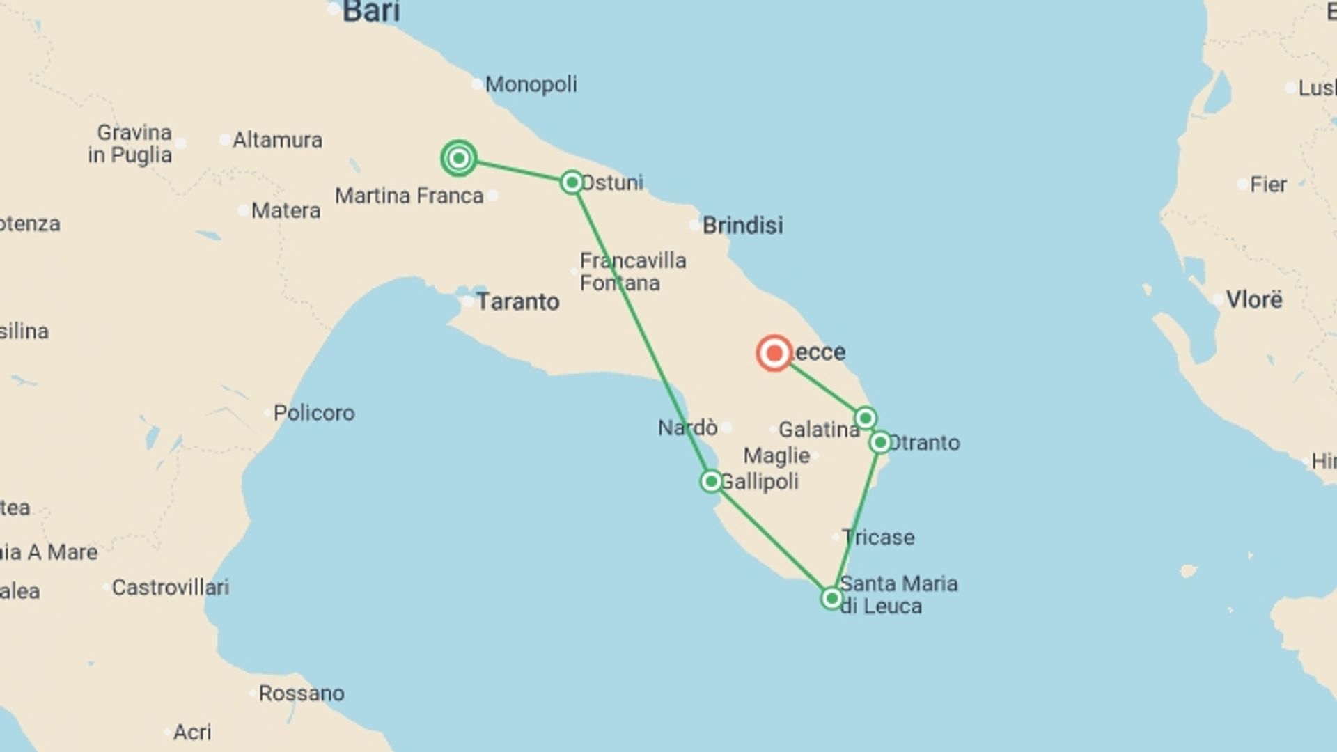 A map showing the tour itinerary for the trip: Cycle Puglia, starting in Alberobello, Italy and ending in Lecce, Italy going through 5 other destinations.