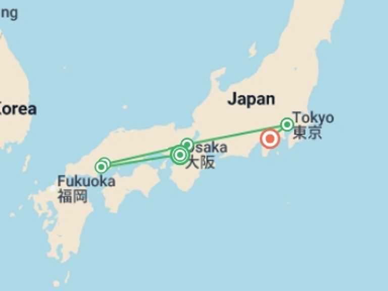 Map itinerary of Japan Tour in Fall with 5 destination visits for the trip: Best of Japan Tour
