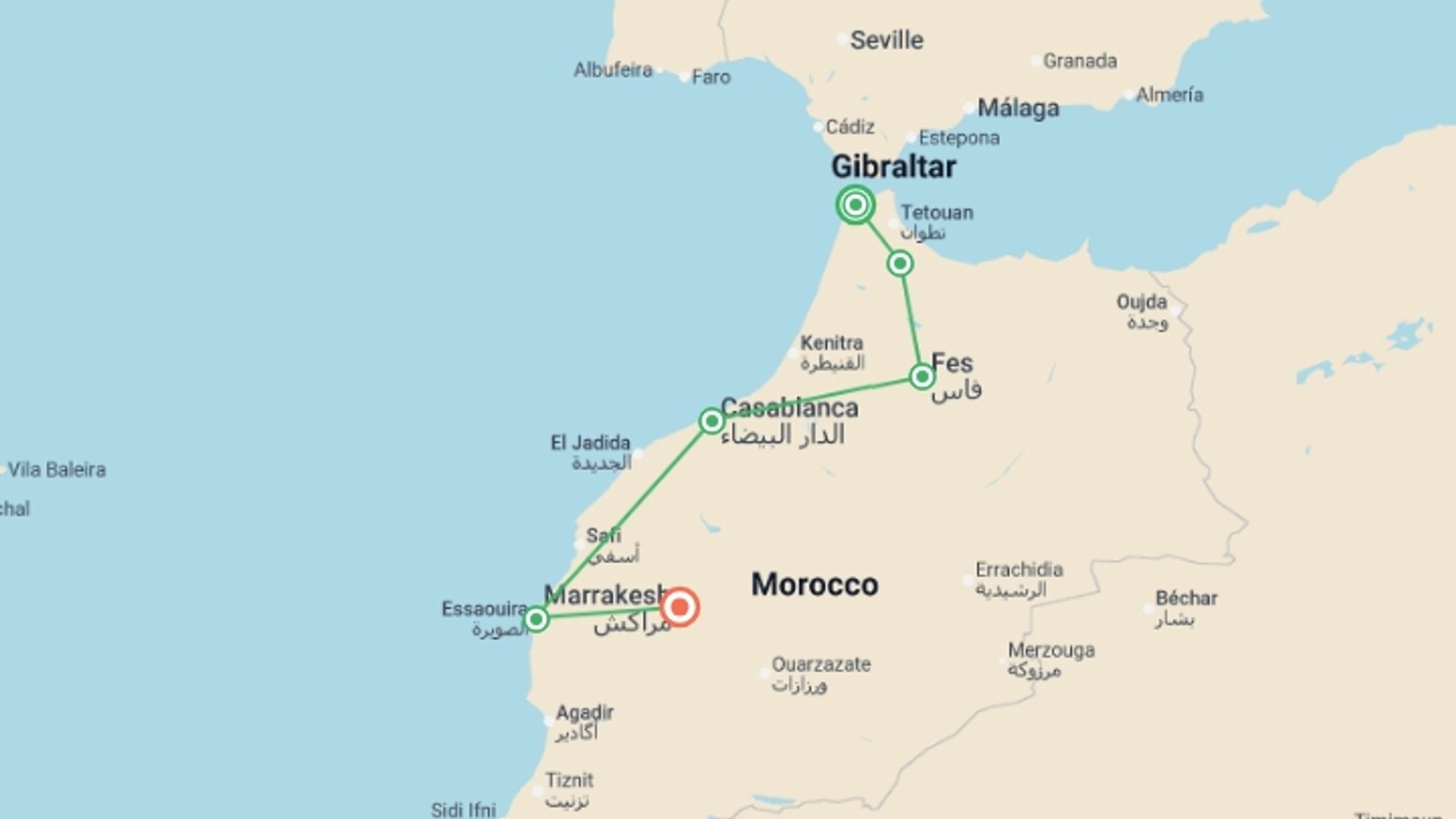 A map showing the tour itinerary for the trip: Morocco: Chefchaouen, Fes & Casablanca Wonder, starting in Tangier, Morocco and ending in Marrakech, Morocco going through 4 other destinations.