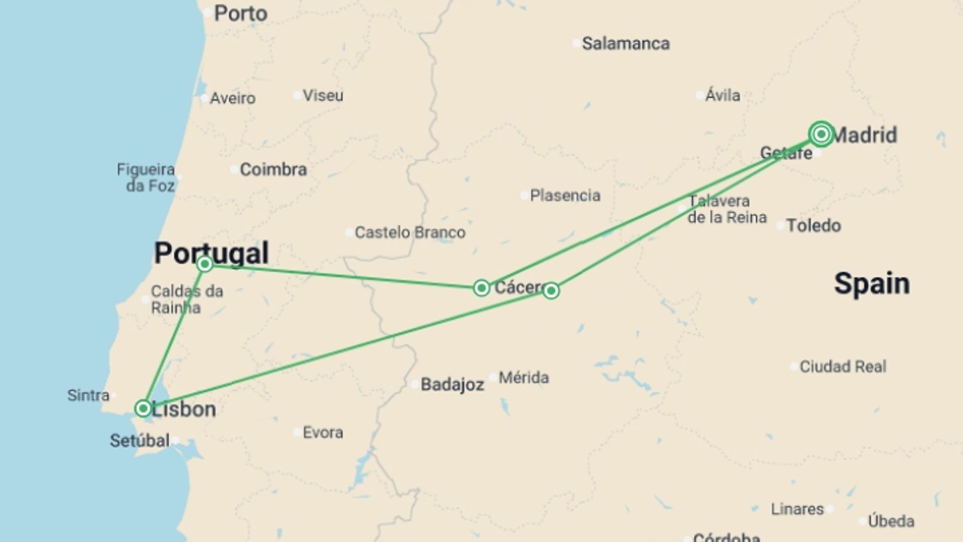 A map showing the tour itinerary for the trip: Madrid to Lisbon Express - 4 days, starting in Madrid, Spain and ending in Madrid, Spain going through 2 other destinations.