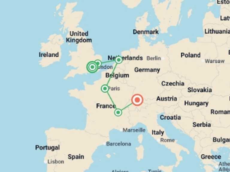Map of Europe Tour with 6 destination visits for the trip: Trekking Through the Continent