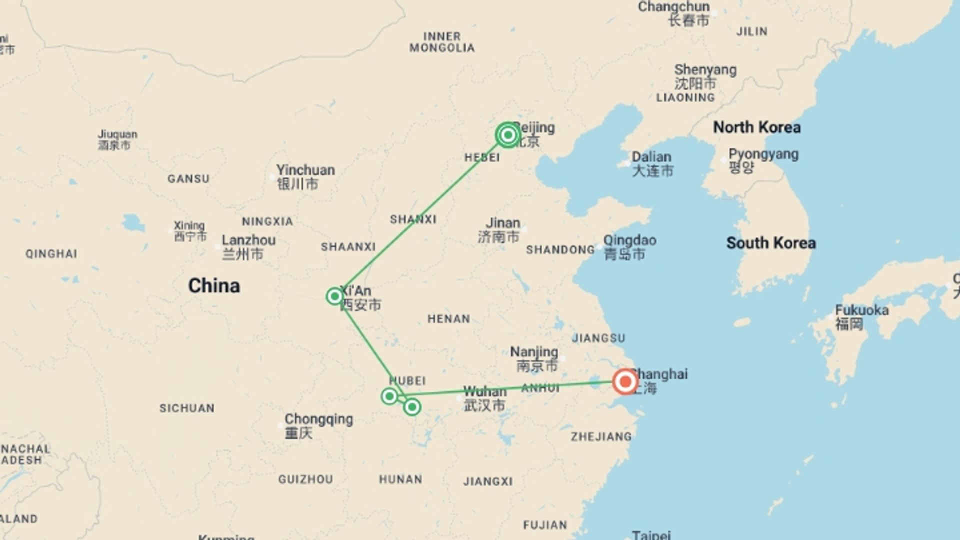 A map showing the tour itinerary for the trip: China's Golden Path - 11 days, starting in Beijing, China and ending in Shanghai, China going through 2 other destinations.