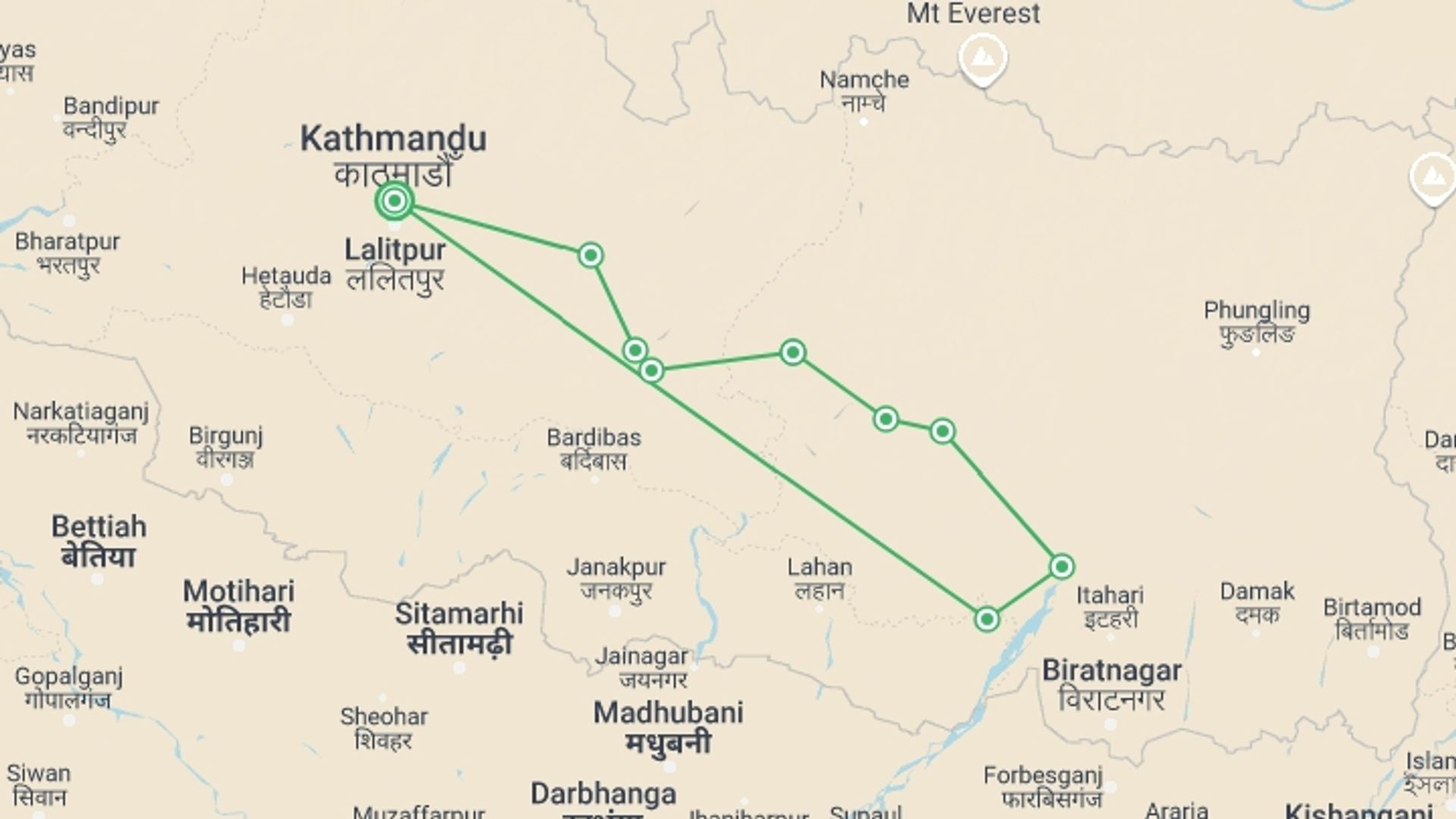 A map showing the tour itinerary for the trip: 10 Days Sunkoshi River Rafting Tour, starting in Kathmandu, Nepal and ending in Kathmandu, Nepal going through 9 other destinations.