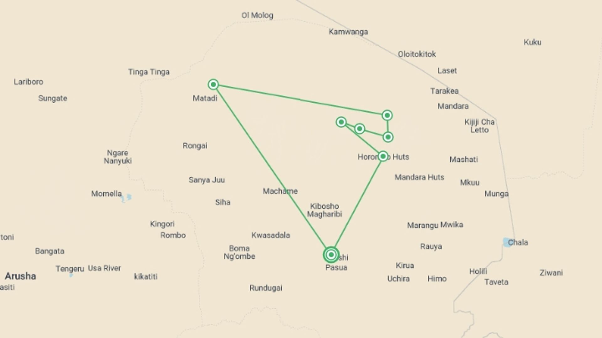 A map showing the tour itinerary for the trip: 6 Days Mount Kilimanjaro Trekking - Rongai Route, starting in Moshi, Tanzania and ending in Moshi, Tanzania going through 6 other destinations.