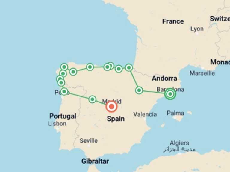 Map of 13-Day Madrid Tour with 9 destination visits for the trip: Northern Of Spain, Galicia & Portugal (multi Country)