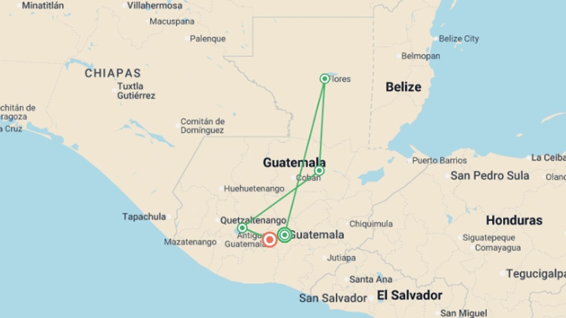 A map showing the tour itinerary for the trip: Highlights of Guatemala, starting in Guatemala City, Guatemala and ending in Antigua, Guatemala going through 3 other destinations.