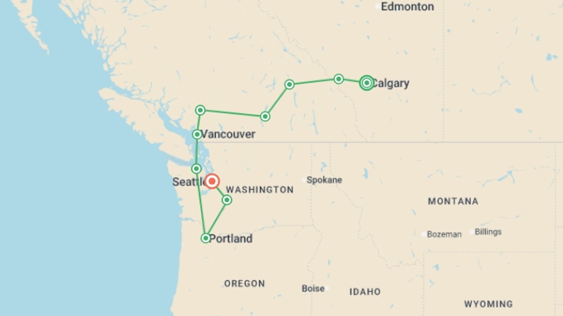 A map showing the tour itinerary for the trip: Canadian Rockies & Pacific Northwest Adventure, starting in Calgary, Canada and ending in Seattle, USA going through 8 other destinations.