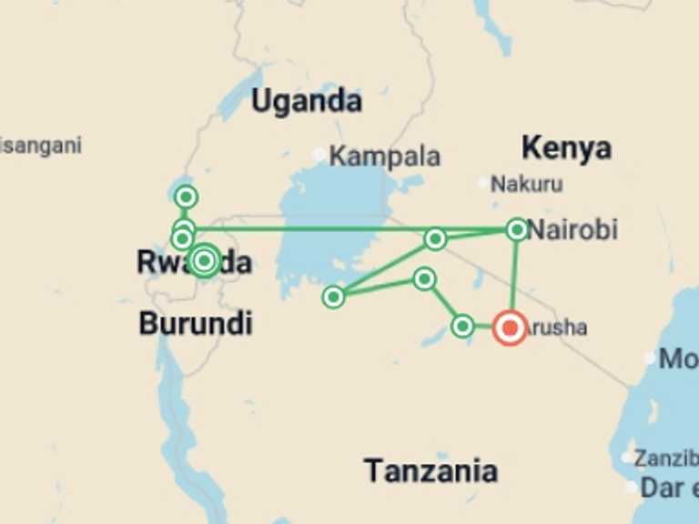 Map itinerary of Africa Tour in April 2027 with 10 destination visits for the trip: Gorillas & East Africa Safari