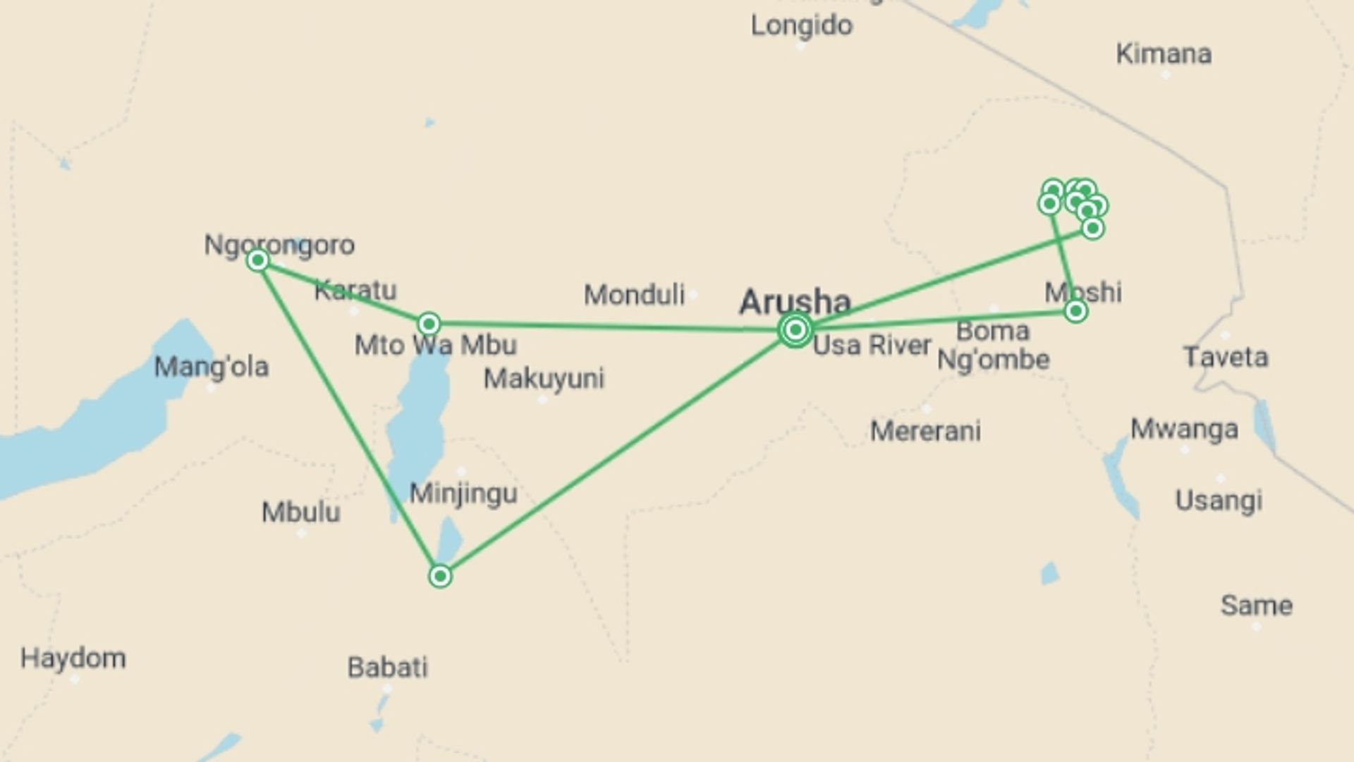 A map showing the tour itinerary for the trip: Kilimanjaro Climbing  + Tarangire & Ngorongoro safari, starting in Arusha, Tanzania and ending in Arusha, Tanzania going through 11 other destinations.