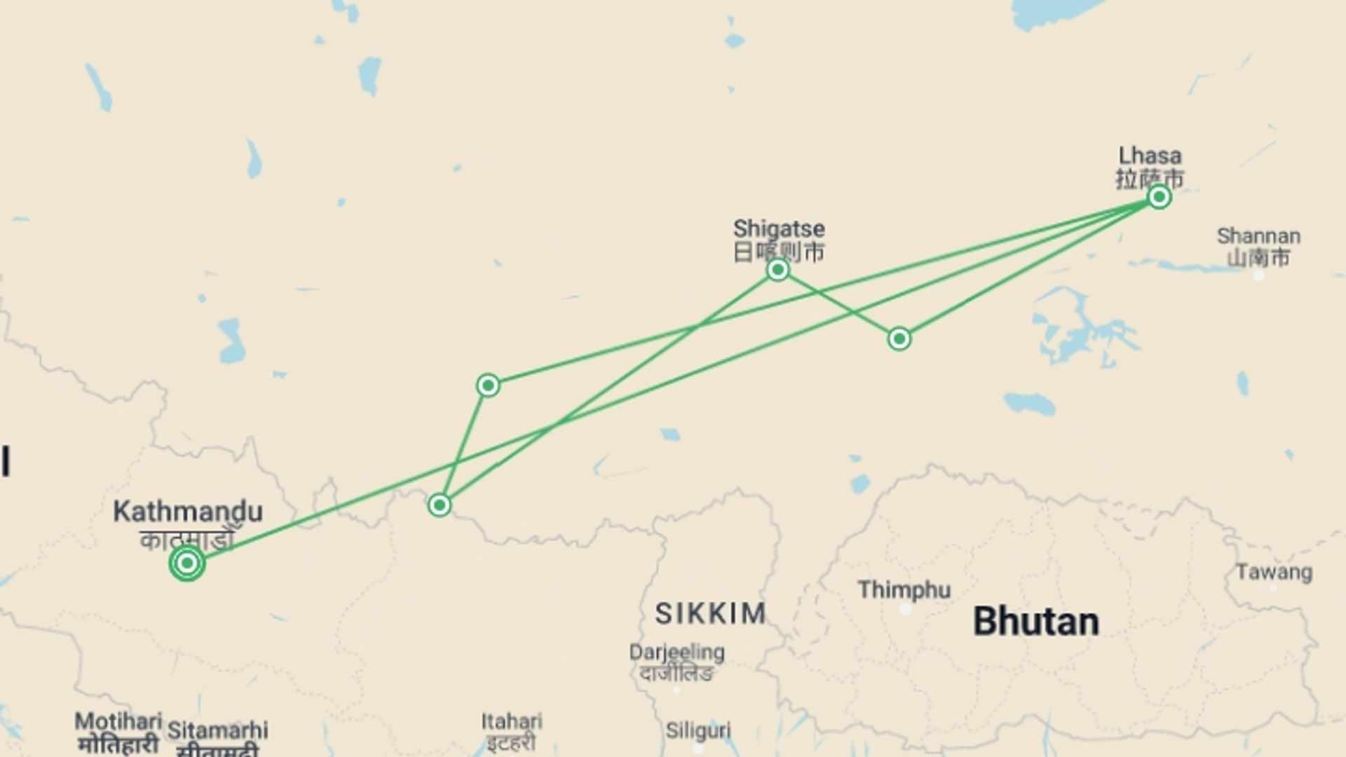 A map showing the tour itinerary for the trip: Mount Everest Overland Jeep Tour - Tibet, starting in Kathmandu, Nepal and ending in Kathmandu, Nepal going through 5 other destinations.