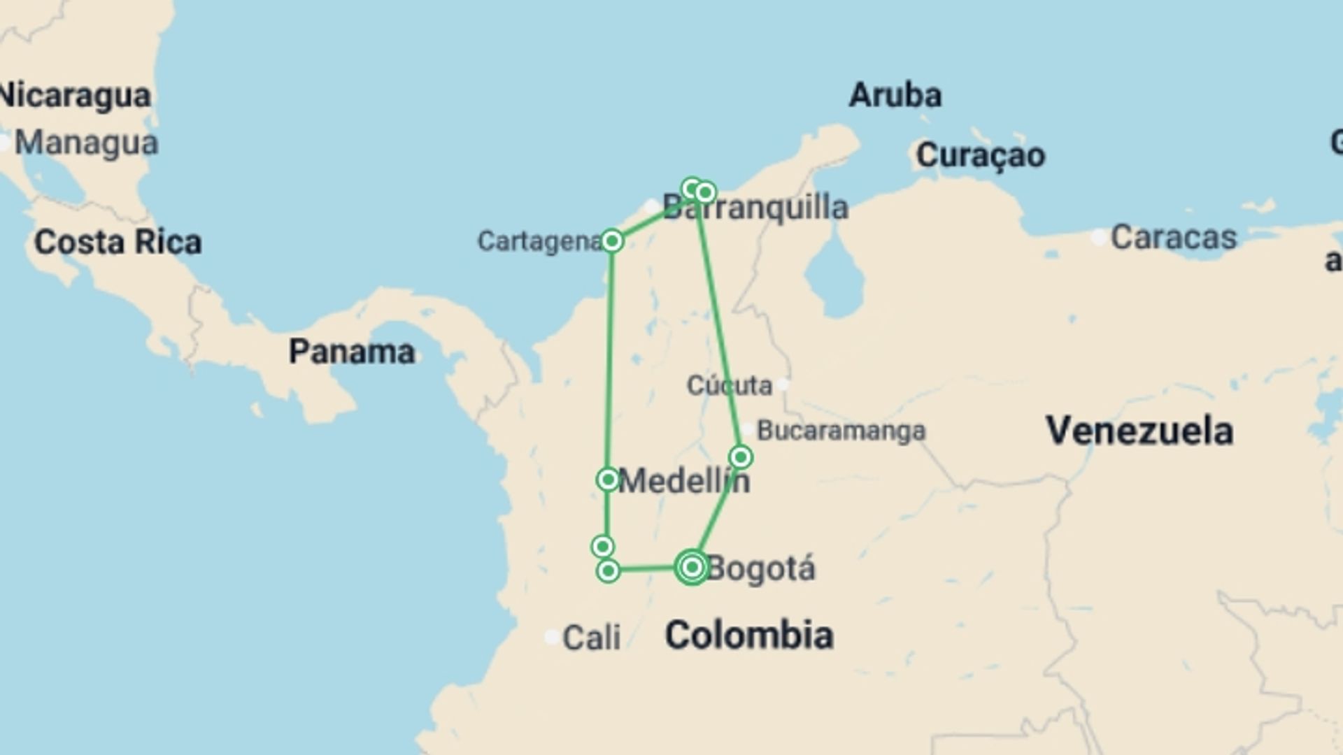 A map showing the tour itinerary for the trip: Best of Colombia, starting in Bogota, Colombia and ending in Bogota, Colombia going through 7 other destinations.