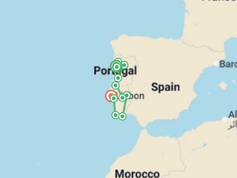 Map itinerary of Europe Tour in September 2026 with 7 destination visits for the trip: Ultimate Portugal