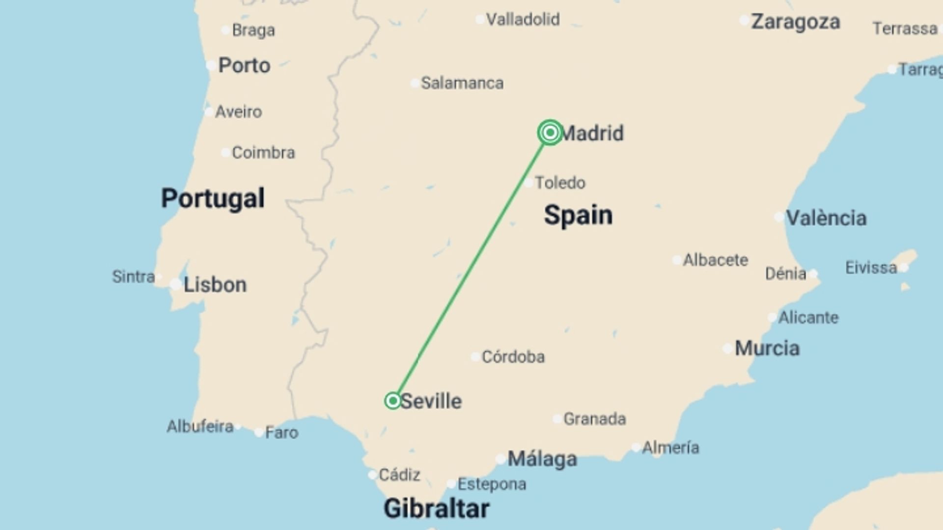 A map showing the tour itinerary for the trip: Merida & Seville Explorer - 3 days, starting in Madrid, Spain and ending in Madrid, Spain going through 1 other destinations.
