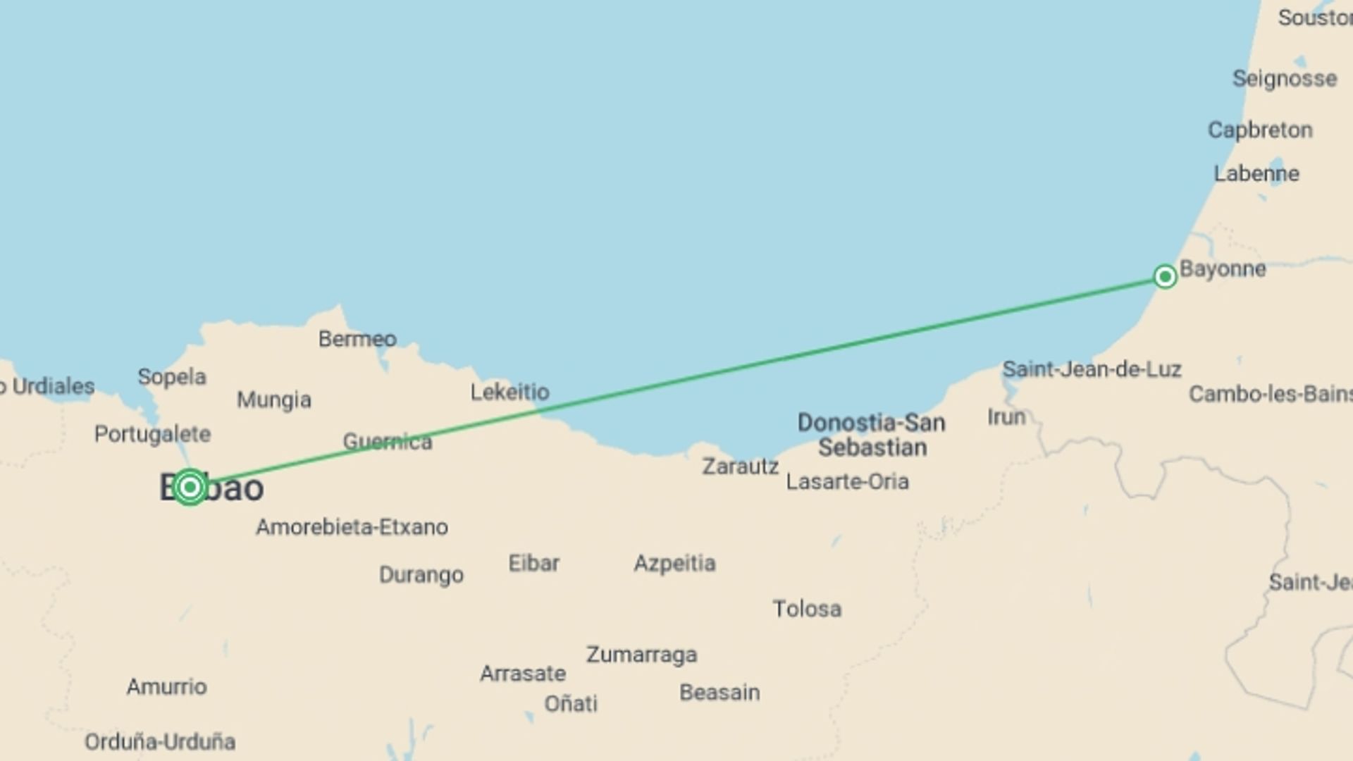 A map showing the tour itinerary for the trip: Bilbao Uncovered - 5 days, starting in Bilbao, Spain and ending in Bilbao, Spain going through 1 other destinations.