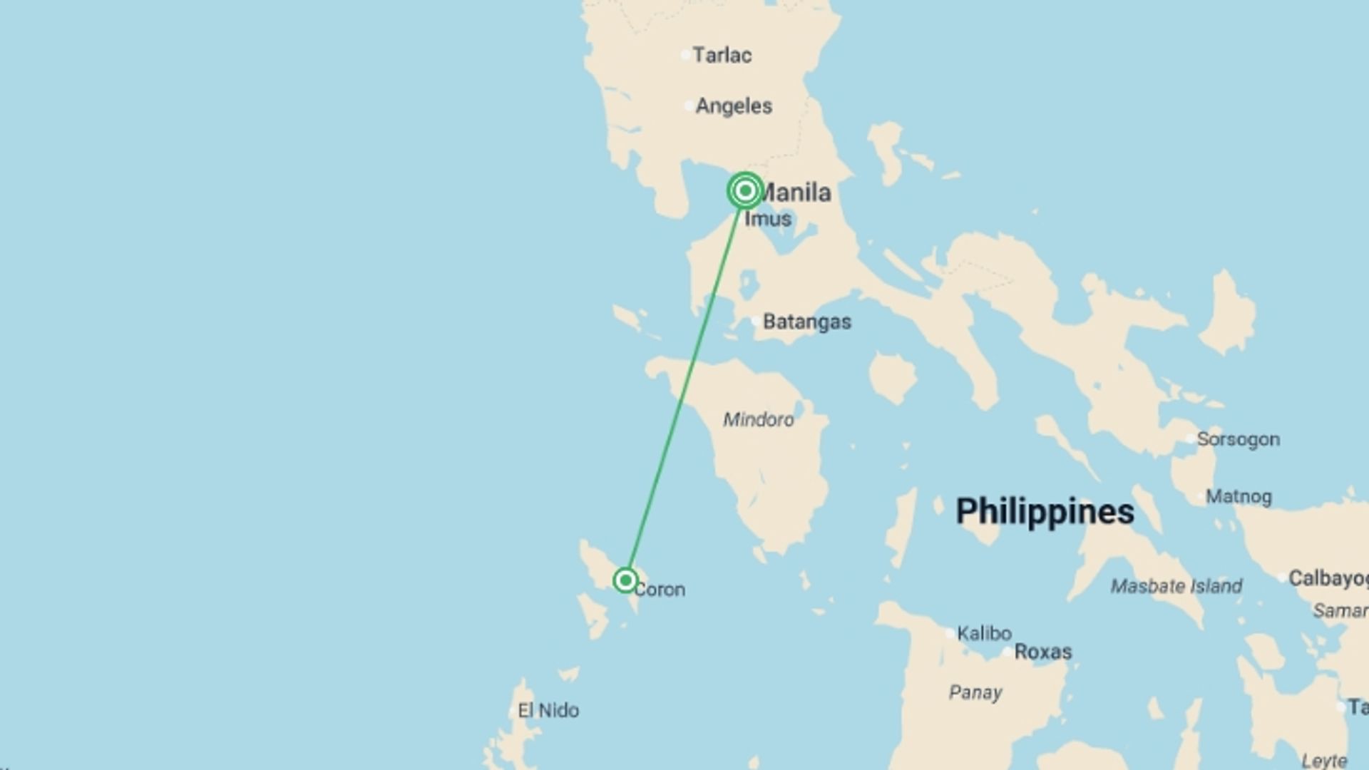 A map showing the tour itinerary for the trip: Manila & Palawan Explorer - 8 days, starting in Manila, Philippines and ending in Manila, Philippines going through 1 other destinations.