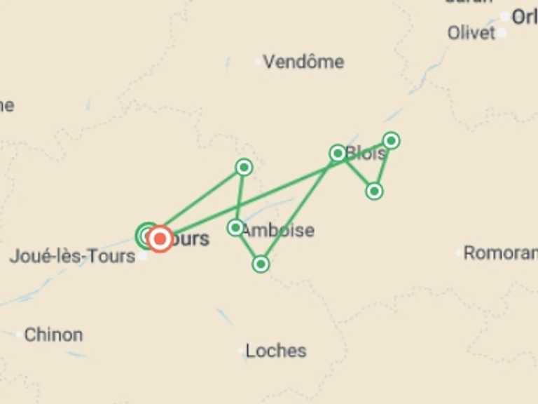 Map itinerary of Mediterranean Tour in Summer with 8 destination visits for the trip: Cycling in France - Loire Valley
