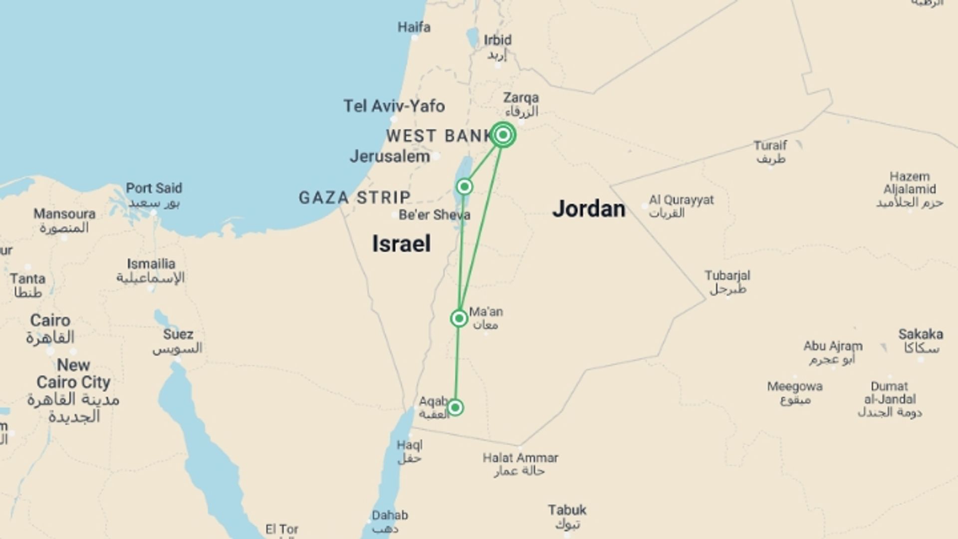 A map showing the tour itinerary for the trip: Taste Of Jordan, starting in Amman, Jordan and ending in Amman, Jordan going through 3 other destinations.