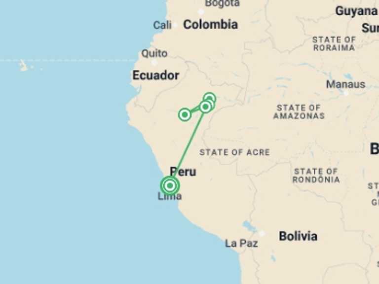 Map itinerary of Lima Tour in November 2026 with 5 destination visits for the trip: Peruvian Rivers & Rainforest Discovery (2026)