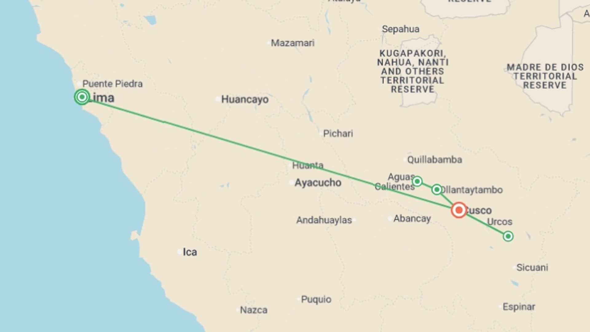 A map showing the tour itinerary for the trip: Shades Of Peru, starting in Lima, Peru and ending in Cusco, Peru going through 1 other destinations.