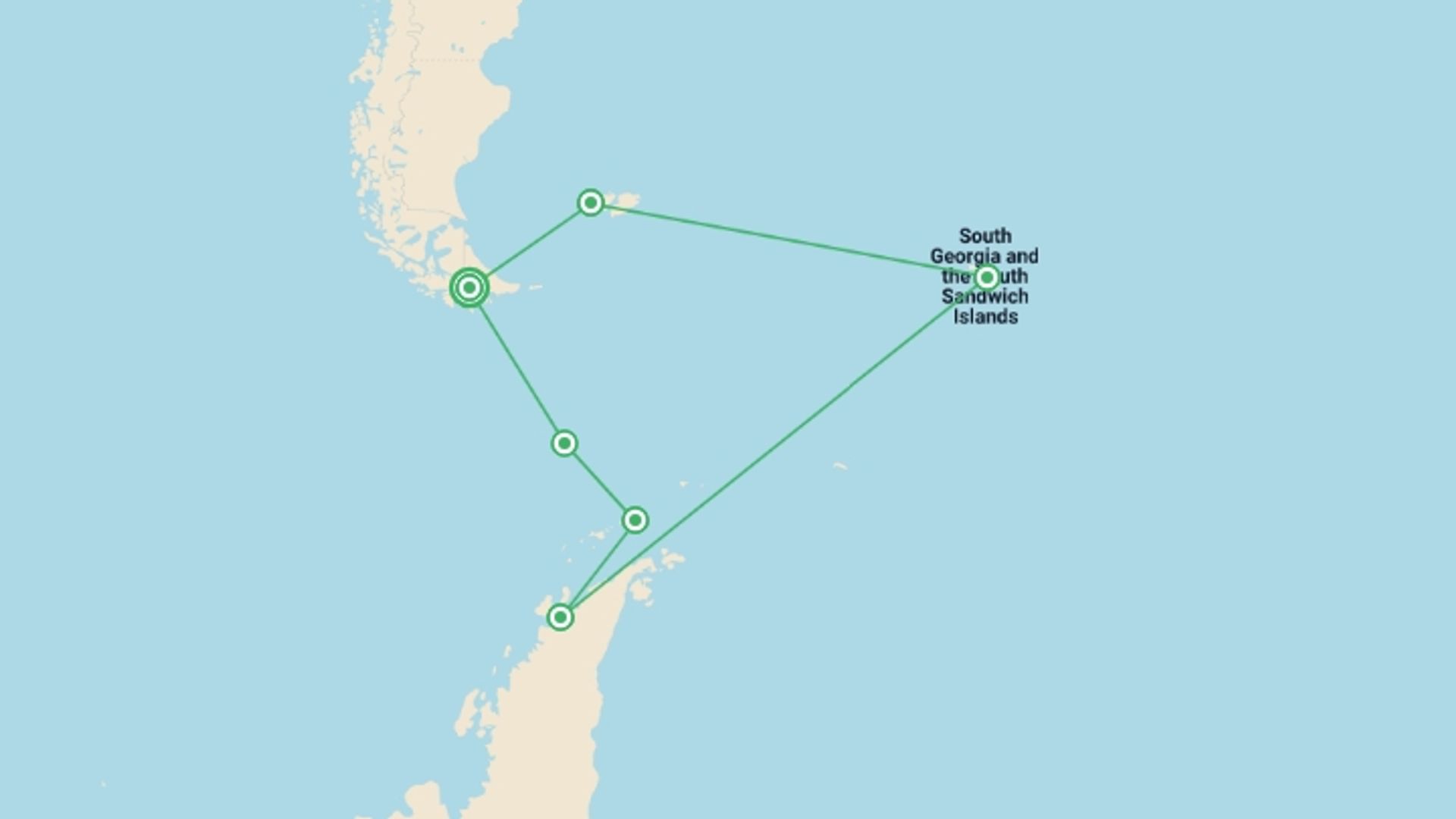 A map showing the tour itinerary for the trip: Falkland Islands, South Georgia & Antarctica (Ocean Victory), starting in Ushuaia, Argentina and ending in Ushuaia, Argentina going through 2 other destinations.