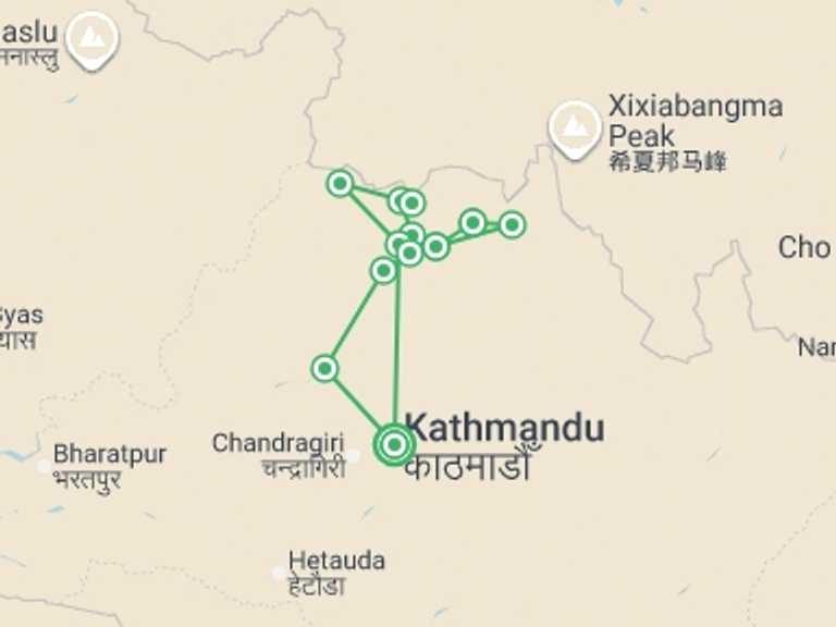Map of 15-Day Kathmandu Tour with 13 destination visits for the trip: Tamang Heritage & Langtang Valley Trek