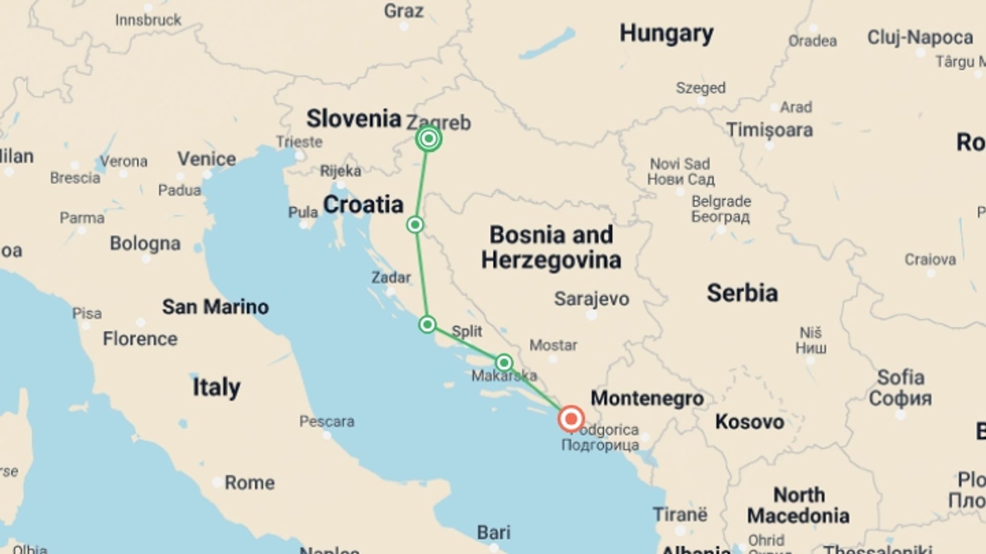 A map showing the tour itinerary for the trip: Croatia Adventure, starting in Zagreb, Croatia and ending in Dubrovnik, Croatia going through 3 other destinations.